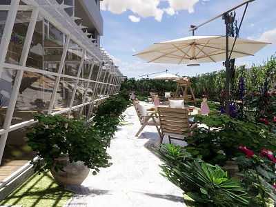 Lush Garden With Glass Greenhouse Outdoor Umbrella Tables Chairs Green Plants And Stone Path 3d model