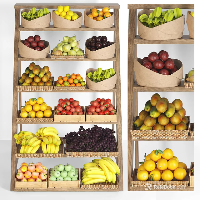 Multi Tiered Display Shelves Showcasing Colorful Fresh Assorted Fruits In Woven Baskets 3d model 