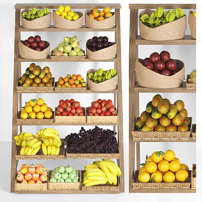 Multi Tiered Display Shelves Showcasing Colorful Fresh Assorted Fruits In Woven Baskets 3d model
