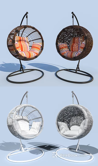 Contemporary Wicker Hanging Chairs with White Black and Orange Striped Cushions 3d model 