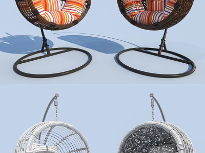 Contemporary Wicker Hanging Chairs with White Black and Orange Striped Cushions 3d model