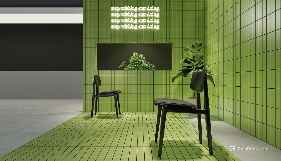 Black Leisure Chairs In Modern Interior With Green Tiles And Plants 3d model 