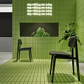 Black Leisure Chairs In Modern Interior With Green Tiles And Plants