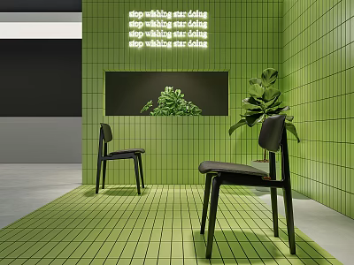 Black Leisure Chairs In Modern Interior With Green Tiles And Plants 3d model