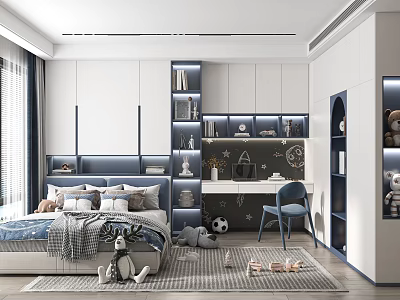 Tatami Bedroom Interior Design With White Blue Cabinets Desk Chair And Toys 3d model