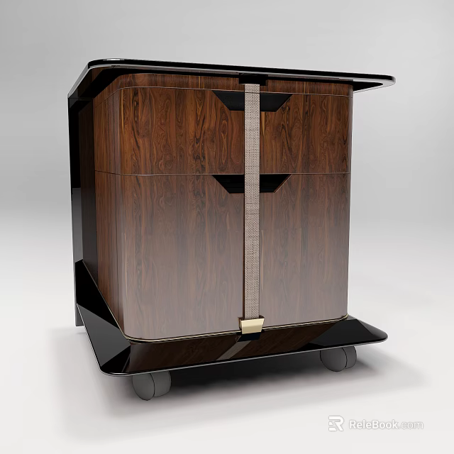 Modern Wooden Bedside Table With Wood Grain Black Frame And Metal Buckle Wheels 3d model 