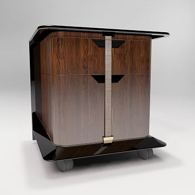 Modern Wooden Bedside Table With Wood Grain Black Frame And Metal Buckle Wheels 3d model