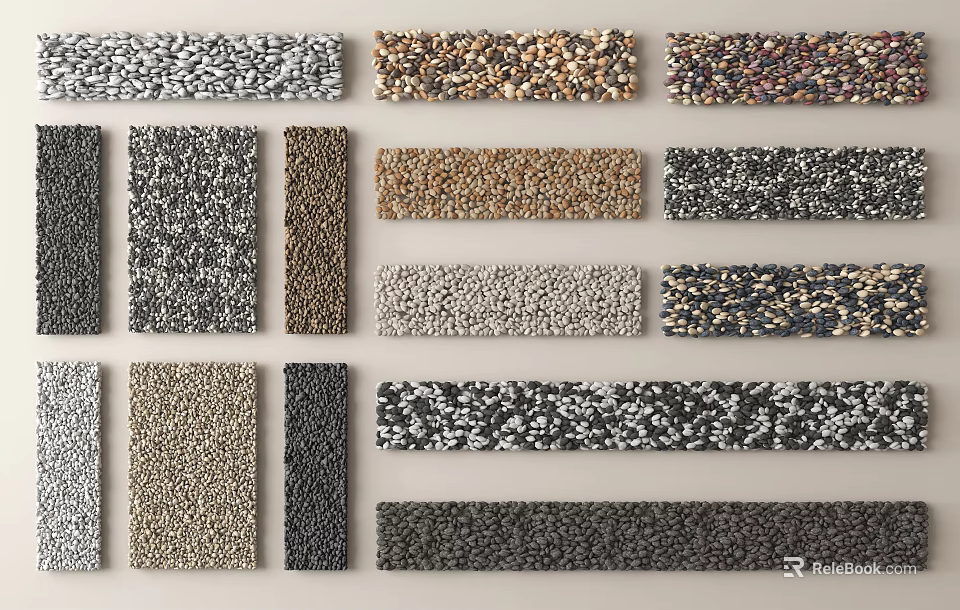 Various Stone and Wood Samples with Different Textures Arranged in 3d model