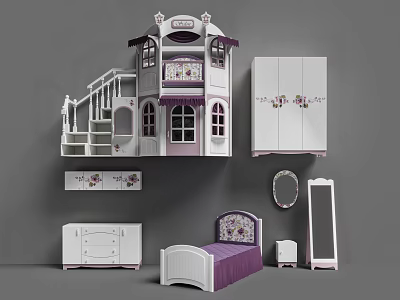 Children's Bed Furniture Set With White Purple Decorative Wardrobe Dresser Mirror And Staircase 3d model