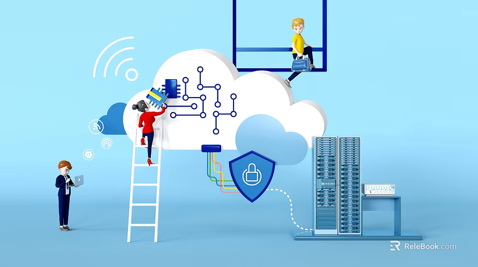 Cartoon Scene With Cloud Circuit Connections Wireless Signals People Working Server And Security Shield 3d model 