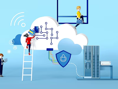 Cartoon Scene With Cloud Circuit Connections Wireless Signals People Working Server And Security Shield 3d model