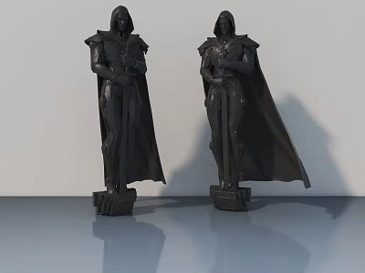 Two Black Cloaked Statues Standing On Shiny Floor With Shadows 3d model