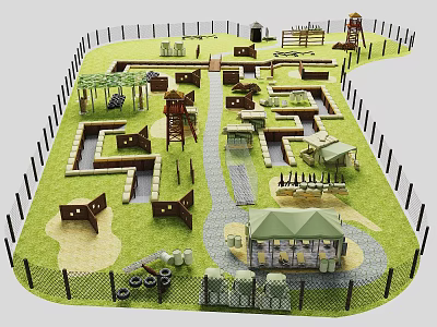 Children's Playground Layout With Fenced Area Slides Climbing Frames Sand Pits And Pavilions 3d model