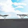 Outdoor Modern Shade Canopies With Tree Like Structure Geometric Blue Roof And Metal Frames