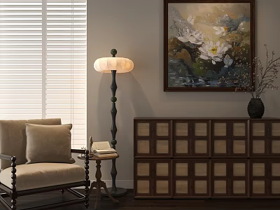 Oil Painting of White Lotus Flowers in Living Room with Floor Lamp and Cabinet 3d model