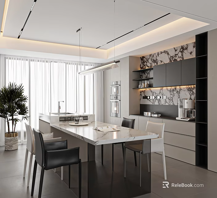 Modern Restaurant Interior With Marble Dining Table Black Chairs Linear Pendant Light And Open Kitchen 3d model 