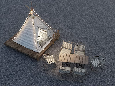 Outdoor Teepee Tent With String Lights And Wooden Platform For Camping Relaxation Area 3d model