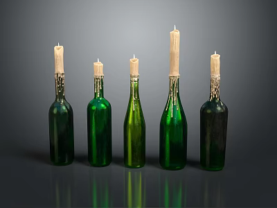 Five Green Wine Bottles And Glasses With Candles On Dark Reflective Background 3d model