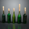 Five Green Wine Bottles And Glasses With Candles On Dark Reflective Background