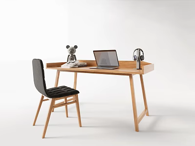 Minimalist Wooden Desk And Chair Set With Laptop Headphones And Teddy Bear For Home Office 3d model