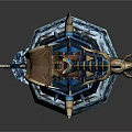 Mechanical Tower Decorative Structure With Blue Gold Accents Gears Chains And Crescent Top Icy Base