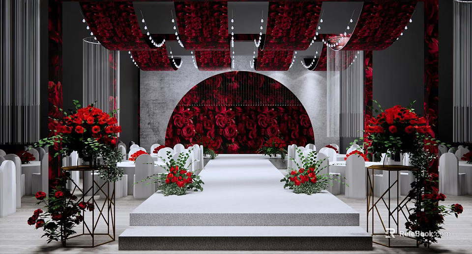 Elegant Floral Decor Design for Wedding With Red Rose Backdrop and Stage Lighting 3d model 