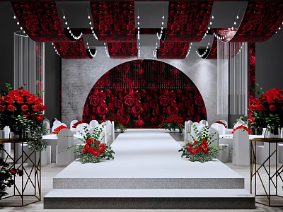 Elegant Floral Decor Design for Wedding With Red Rose Backdrop and Stage Lighting 3d model