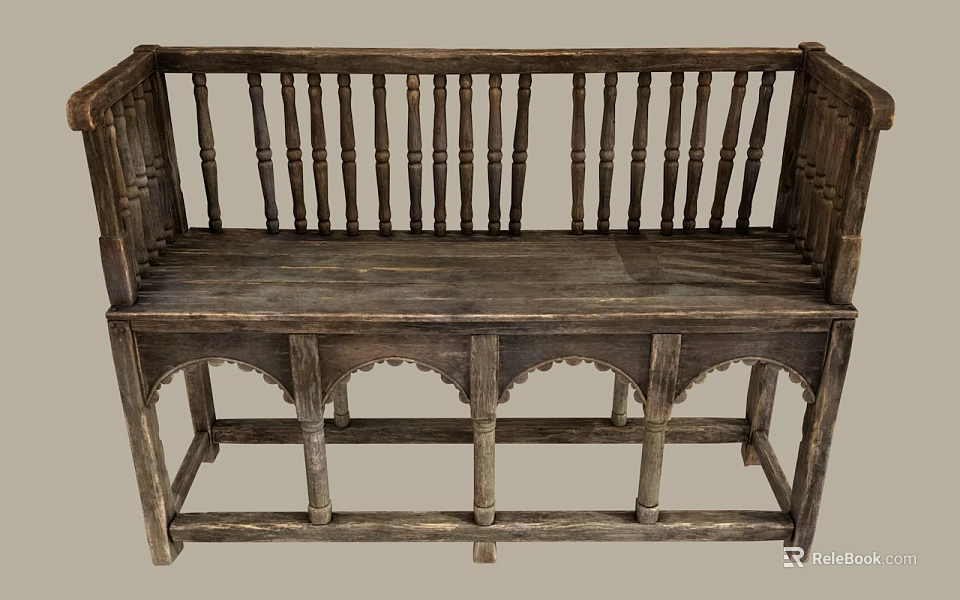 Antique Aged Wooden Chaise Lounge With Railed Back And Arched Base Design 3d model 
