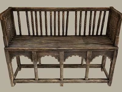 Antique Aged Wooden Chaise Lounge With Railed Back And Arched Base Design 3d model