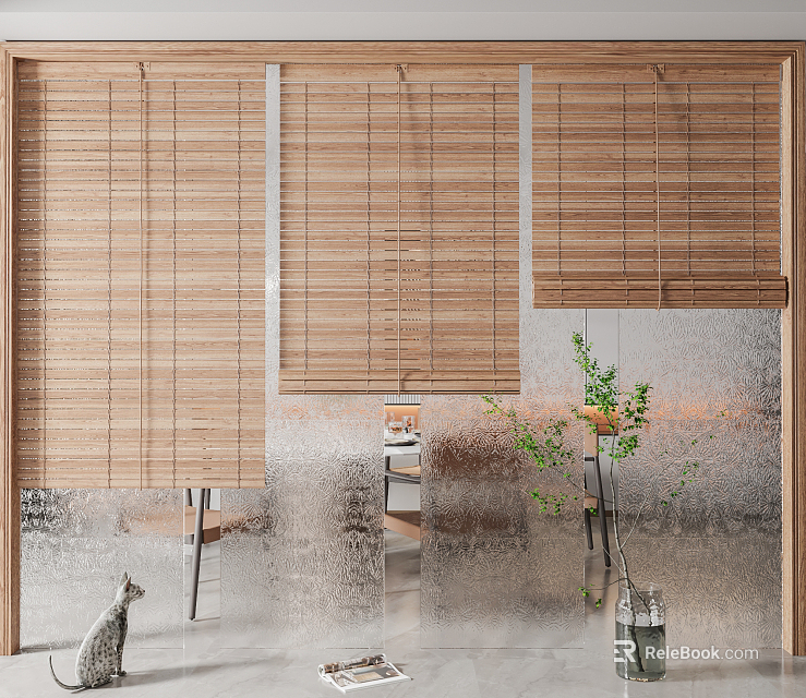 Natural Bamboo Window Blinds Creating Modern Interior Vibe With Soft Light And Green Plants 3d model 