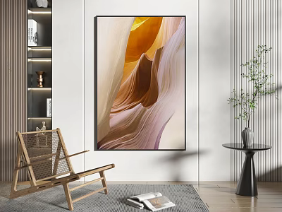 Abstract Painting In Modern Living Room With Wooden Chair And Plant Decor 3d model