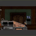 Sci-Fi Room Interior Featuring Vintage Wooden Walls Green Paneling Arched Windows And Futuristic Tech Device