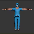 Game Or Movie Character In Blue Scrubs With Cap Mask Arms Outstretched Against Dark Background