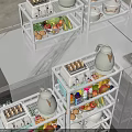 White Multi Tiered Kitchen Shelves Featuring Dinnerware Set Fresh Fruits Vegetables And Condiment Bottles