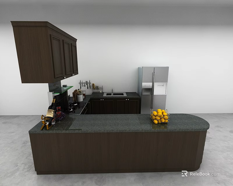 Dark Brown Kitchen Cabinets With Island Countertop Refrigerator And Fresh Lemons 3d model 