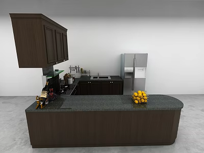 Dark Brown Kitchen Cabinets With Island Countertop Refrigerator And Fresh Lemons 3d model