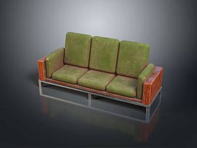 Three Seater Sofa With Green Cushions Wooden Armrests And Metal Legs 3d model