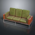 Three Seater Sofa With Green Cushions Wooden Armrests And Metal Legs