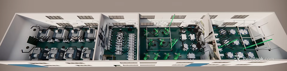 Automated Industrial Workshop Interior With Green Robotic Arms Workstations And Equipment 3d model 