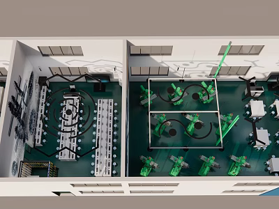 Automated Industrial Workshop Interior With Green Robotic Arms Workstations And Equipment 3d model