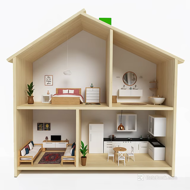 Modern Wooden Decorative Cabinet In Bedroom With Bed And Wall Art 3d model 