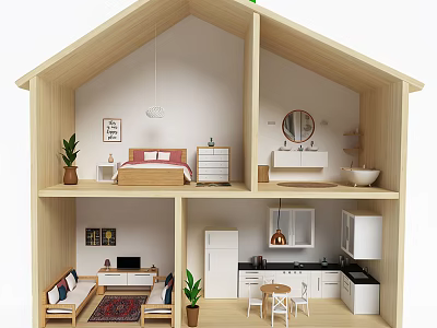 Modern Wooden Decorative Cabinet In Bedroom With Bed And Wall Art 3d model