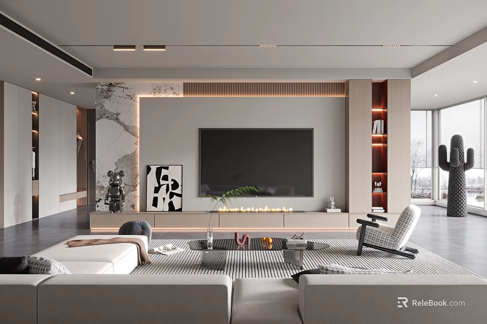 Modern Living Room Interior Design With Large TV Sofa Coffee Table Rocking Chair And Decorative Painting 3d model 
