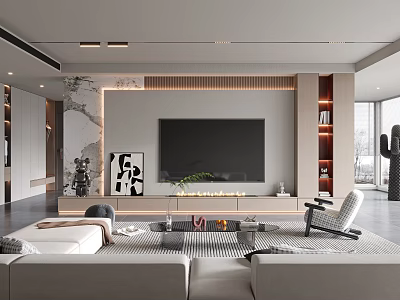 Modern Living Room Interior Design With Large TV Sofa Coffee Table Rocking Chair And Decorative Painting 3d model