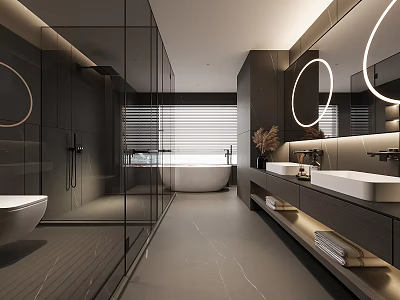 Elegant Modern Bathroom Interior With Gray Tones Glass Shower Bathtub Double Vanity And Round Mirrors 3d model