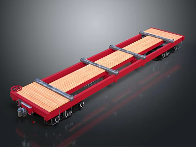 Red Flatbed Trailer with Wooden Deck and Metal Fixtures for Heavy Duty Transportation 3d model