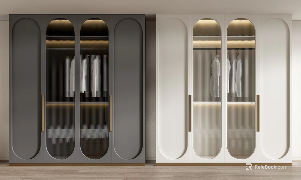 Modern Wardrobe Interior Design With Glass Doors Built-in Lighting Grey And White 3d model 