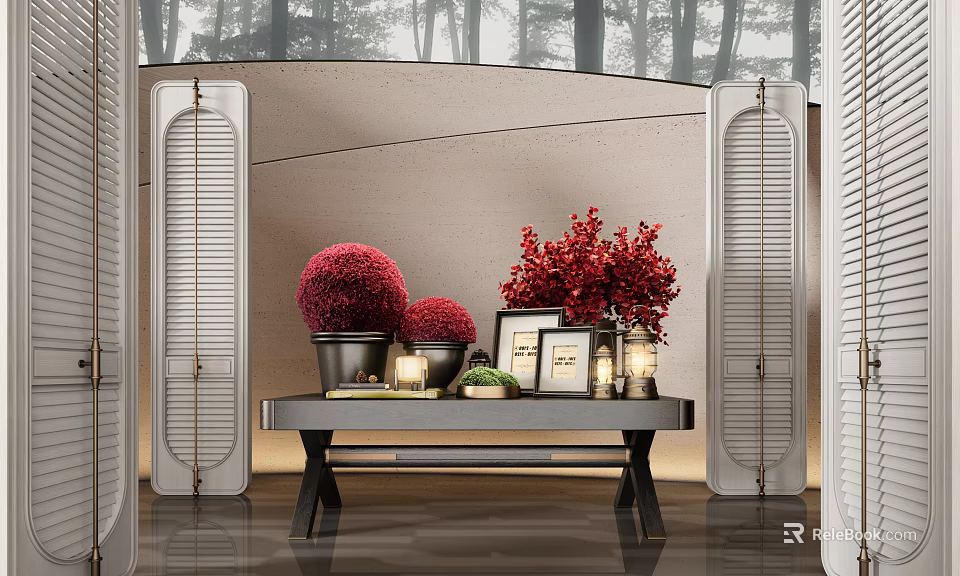 Modern Elegant Decorative Ornament Set With Red Floral Arrangements Photo Frames And Candles 3d model 