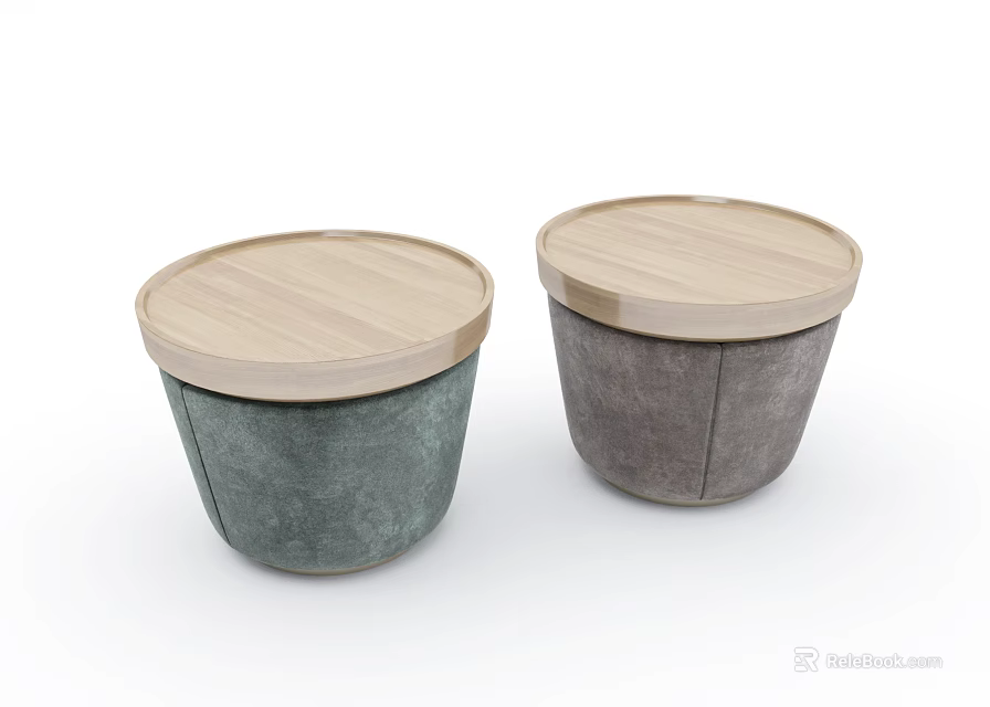 Modern Round Sofa Stools With Wooden Tops And Upholstered Bases In Green Gray 3d model 