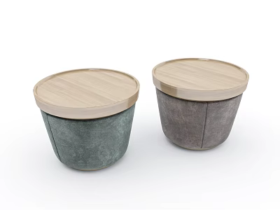 Modern Round Sofa Stools With Wooden Tops And Upholstered Bases In Green Gray 3d model